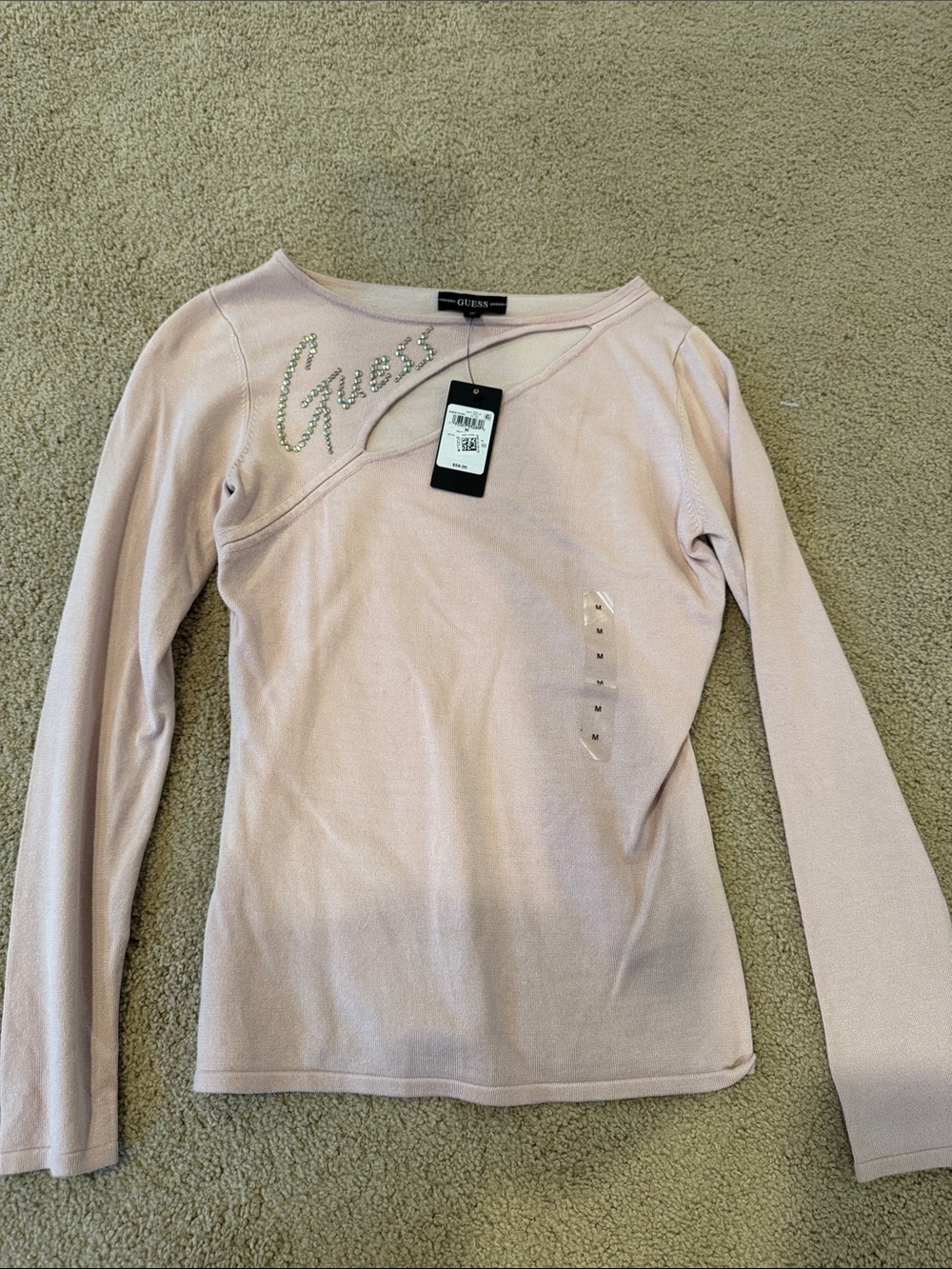 Guess Light Pink Long Sleeve Rhinestone Logo Top